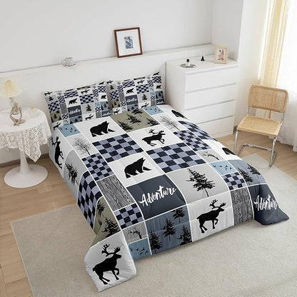 Deer Antler Comforter Set Queen Size,Bear Rustic Farmhouse Adventure Bedding Set for Kids Boys Girls Adults Room Decor,Pine Trees Plaid Patchwork Down Comforter,Blue Xmas Duvet Insert,2 Pillowcases