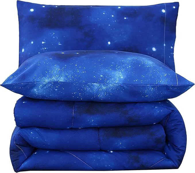 3PCS Blue Galaxy Comforter Set Full, Full Size Bed in a Bag Summer Comforter, Lightweight and Fade Resistant, Cute Full Size Quilt for Boys Girls Toddler Kids and Teens, Full