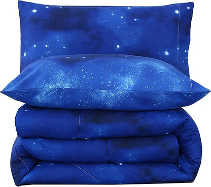 3PCS Blue Galaxy Comforter Set Full, Full Size Bed in a Bag Summer Comforter, Lightweight and Fade Resistant, Cute Full Size Quilt for Boys Girls Toddler Kids and Teens, Full