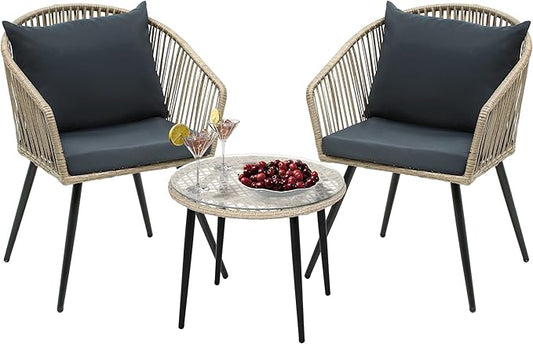 YITAHOME 3-Piece Outdoor Patio Furniture Wicker Bistro Set, All-Weather Rattan Conversation Chairs for Backyard, Balcony and Deck with Soft Cushions, Glass Side Table, Gray Rattan