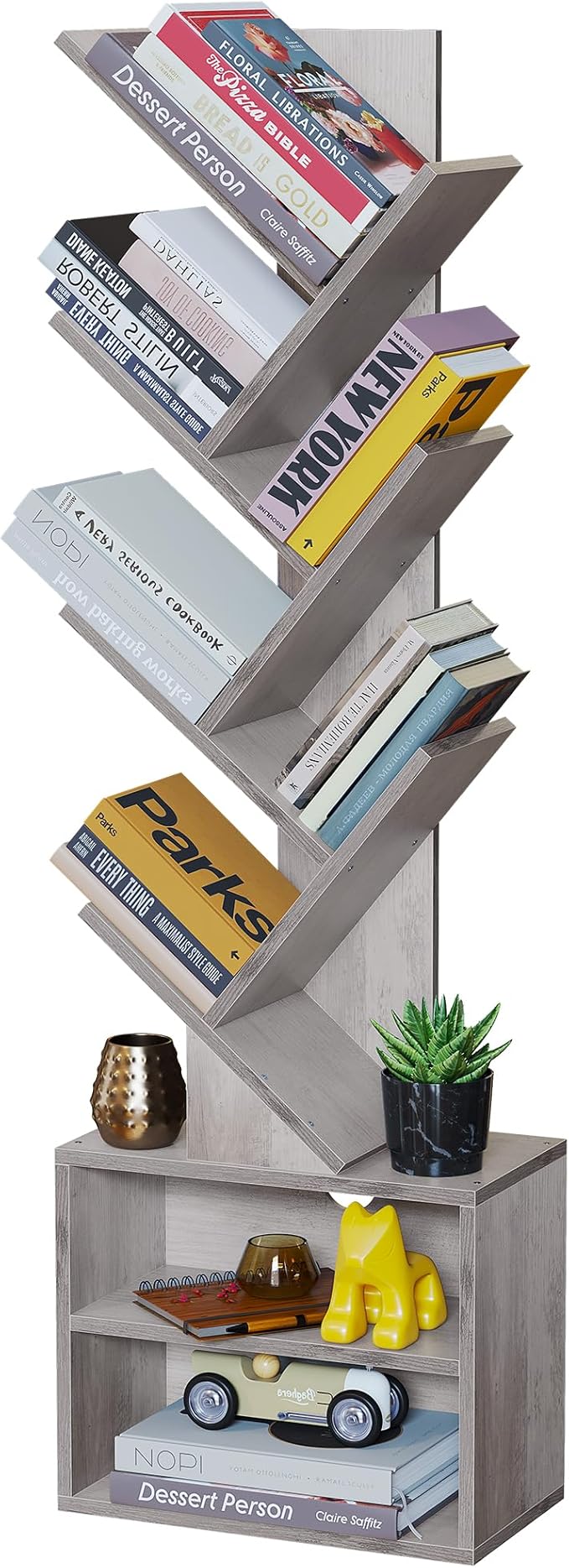 SUNMORY 6 Tier Tree Bookshelf, Tall Bookcase with Storage Cabinet, Modern Narrow Bookshelves Organizer, Floor Standing Book Shelf for Bedroom/Living Room/Home Office/Corner, Grey