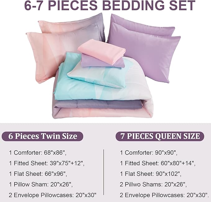 Girls Comforter Set Twin Size Colorful Ombre Blue Pink Purple Rainbow Bedding Set 6 Pieces Bed in A Bag for Kid Teen (1 Comforter, 1 Flat Sheet, 1 Fitted Sheet, 1 Pillow sham, 2 Pillowcases)