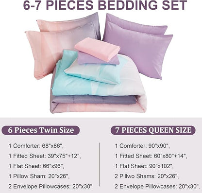 Girls Comforter Set Twin Size Colorful Ombre Blue Pink Purple Rainbow Bedding Set 6 Pieces Bed in A Bag for Kid Teen (1 Comforter, 1 Flat Sheet, 1 Fitted Sheet, 1 Pillow sham, 2 Pillowcases)