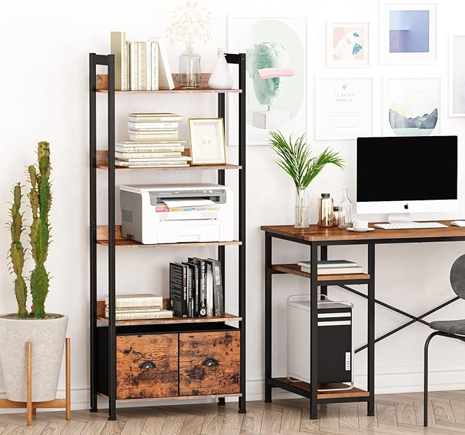 Furologee 5-Tier Bookshelf, Tall Bookcase with 2 Storage Drawers, Industrial Display Standing Shelf Units, Wood and Metal Storage Shelf for Living Room, Bedroom, Home Office, Rustic Brown