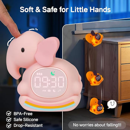 Alarm Clock for Kids with Night Light, Sleep Training Clock Time to Wake Clock, Rechargeable Silicone Light for Bedroom, Perfect Sleep Companion for Boys Girls, Pink Elephant