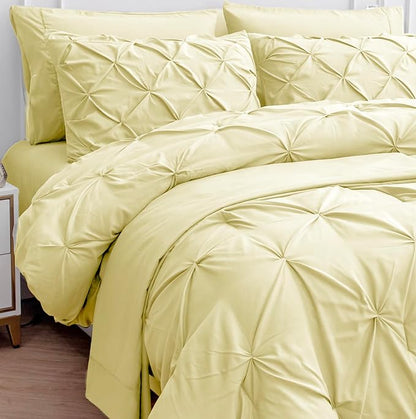 LANE LINEN Twin Comforter Set – 5 Piece Bed in a Bag – Pinch Pleated Twin Size Bedding Set with Comforter, Flat Sheet, Fitted Sheet, Pillowcase & Sham – Soft Pintuck Bed Set - Vanilla
