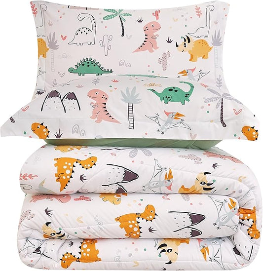 Dinosaur Kids Comforter Set for Boys Twin, Cute Reversible Quilted Dino Printed Bedding Set with Pillow Sham, Lightweight Soft Breathable Machine Washable Bed Set 2 Piece