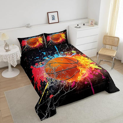 Teen Boys Basketball Bedding Set Kids Sports Comforter Sets King Soft Lightweight Bedroom Dorm Decor,Red Blue Fire And Water Lightning Ball Duvet Insert,Colorful Grunge Tie Dye Quilt Bedding 3 Pcs
