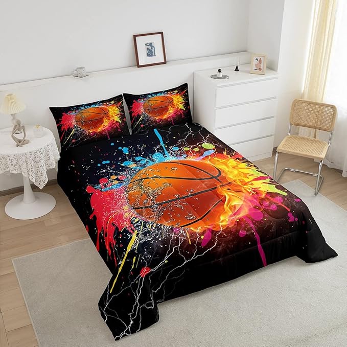 Teen Boys Basketball Bedding Set Twin Kids Sports Comforter Sets Soft Lightweight Bedroom Dorm Decor,Red Blue Fire And Water Lightning Ball Duvet Insert,Colorful Grunge Tie Dye Quilt Bedding 2 Pcs