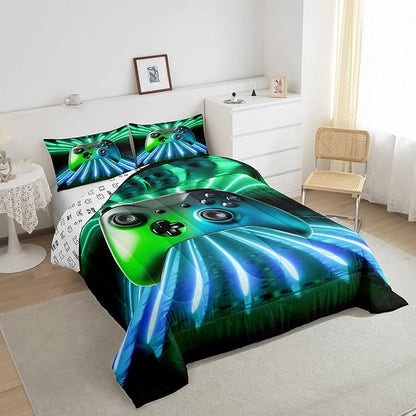 Erosebridal Green Blue Gamepad Comforter Set, Game Player Bedding Set Full Size Modern Gamer Gaming Quilted Duvet Neon Trippy Duvet Set for Kids Boys Girls Teens Young Man Room Decorative