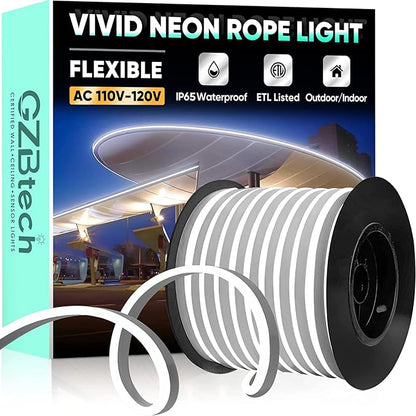 GZBtech Flexible LED Neon Rope Lights 100FT,AC 110-120V Waterproof Strip Light, 120 LEDs/M Cuttable Connectable Neon Lighting for Indoor Outdoor Home Decor/Commercial Building Use-Cold White 30M