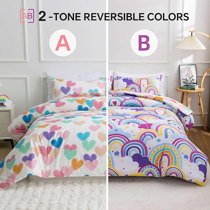 Btargot Lightweight Soft 3 Piece Rainbow Comforter Set with 2 Pillow Covers, Cartoon Love Hearts Flowers and Sun Star Bedding Set for Girls Boys Kids,Twin Light Purple