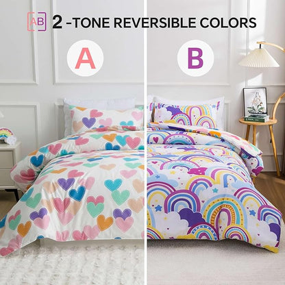 Btargot Lightweight Soft 3 Piece Rainbow Comforter Set with 2 Pillow Covers, Cartoon Love Hearts Flowers and Sun Star Bedding Set for Girls Boys Kids,Queen Light Purple
