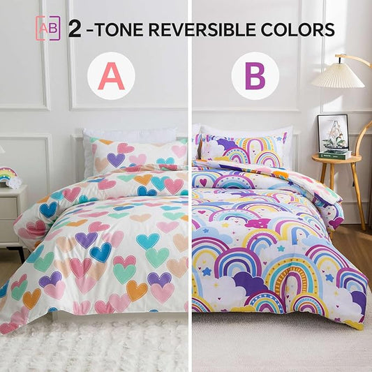 Btargot Lightweight Soft 3 Piece Rainbow Comforter Set with 2 Pillow Covers, Cartoon Love Hearts Flowers and Sun Star Bedding Set for Girls Boys Kids,Queen Light Purple
