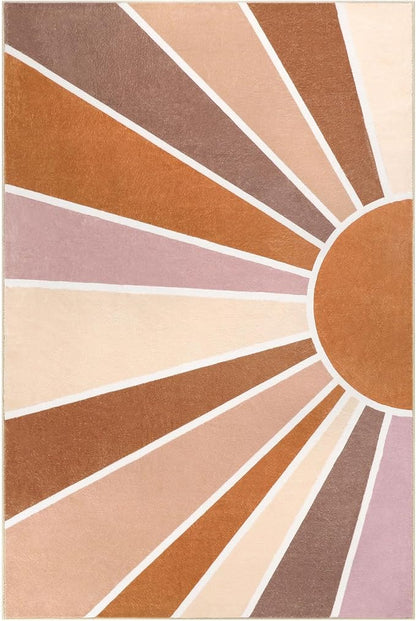 Topotdor Sun Rainbow Area Rug 4 x 6ft Boho Kids Nursery Rug, Colorful Washable Area Rug Ultra Soft Circle Classroom Rug Non-Slip for Bedroom Living Room Playroom Decor, Orange
