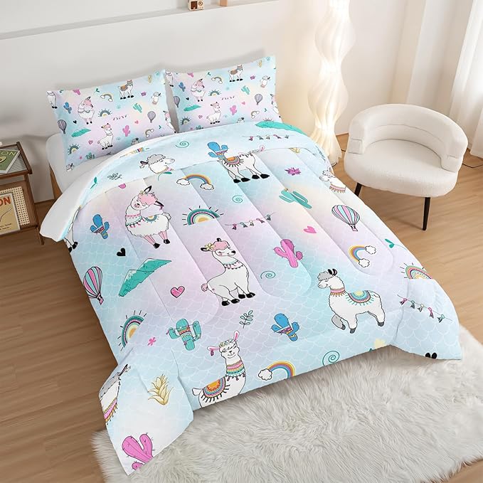 HOSIMA 3 Piece Cartoon Animal Llama Comforter,Cute Alpaca Toddler Comforter,Desert Cactus Plant Full Size Bed in a Bag Set for Adults Kids,Fish Scales Comforter Rainbow Bedding Sets for Girls Boys.