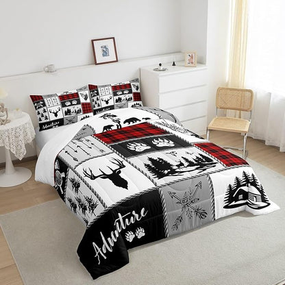 Deer Antlers Comforter Set Queen Size,Bear Paws Pine Trees Xmas Bedding Set for Kids Boys Girls Adults Room Decor,Lattices Patchwork Rustic Farmhouse Down Comforter,Red Duvet Insert,2 Pillowcases