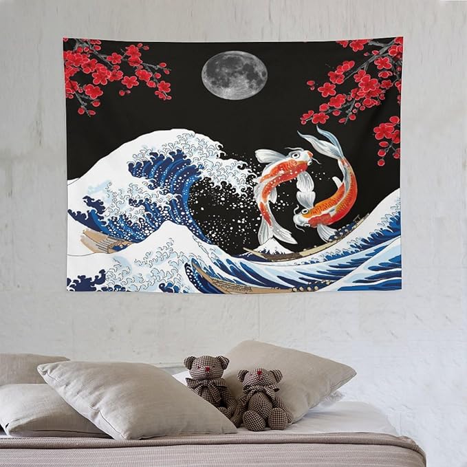 Houselerax Japanese Koi Fish Tapestry, Yin Yang Big Wave Red Cherry Blossom Tapestries Wall Hanging for Bedroom Living Room Office Decor 40"x30"