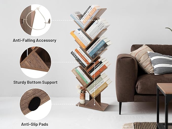 Labcosi 8 Tier Tree Bookshelf, Floor Standing Wood Tree Bookcase, Tall Book Storage Rack for Books/CDs, Book Organizer Shelves for Home Office, Bedroom, Living Room
