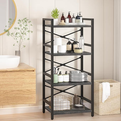 Yoobure 4 Tier Bookshelf - Small Book Shelf Industrial Bookcase, Narrow Book Case Book Storage Organizer for CD/Movie/Book, Bookshelves for Bedroom Office Living Room Charcoal Gray