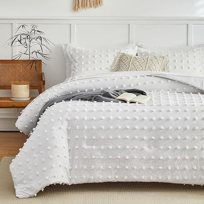 7 Pieces Tufted Dots Bed in a Bag Queen Comforter Set with Sheets White , Soft and Embroidery Shabby Chic Boho Comforters, Solid Color with Pom Pom Design, Jacquard Tufts Bedding Set for All Season