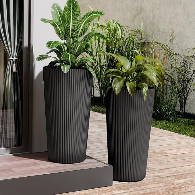 23.6" Tall Planters for Outdoor Plants,Large Outdoor Planters for Front Porch Decor with Drainage Hole, Flower Pots Fits Indoor Plants Patio/Garden, Plastic Striped Black (2 Pack)