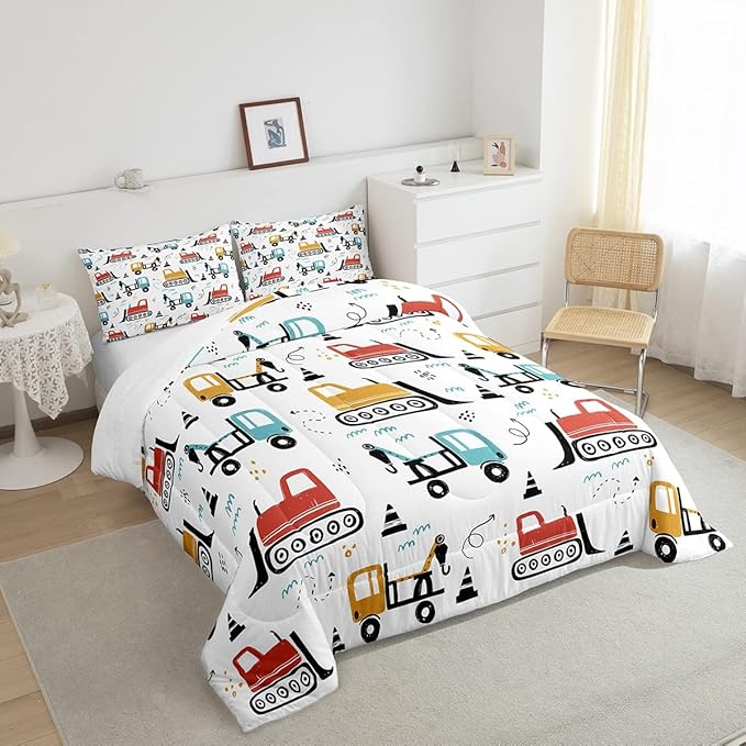 Boys Cartoon Car Comforter Set, Kids Construction Vehicles Comforter for Kids Children Cartoon Truck Bedding Set Cute Cars Teal Red Yellow Quilt Set Bedroom Collection 3Pcs King Size