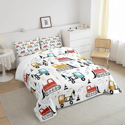 Boys Cartoon Car Comforter Set, Kids Construction Vehicles Comforter for Kids Children Cartoon Truck Bedding Set Cute Cars Teal Red Yellow Quilt Set Bedroom Collection 3Pcs King Size