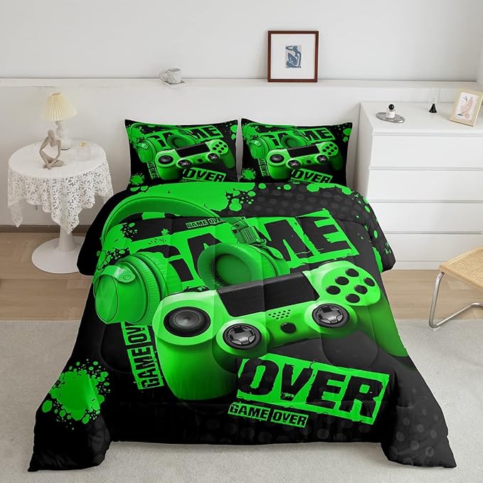 Gamer Comforter Sets for Boys Teens Gaming Comforter Twin Size Kids Youth Video Game Comforter Set Green Black Room Decor Headphone Gamepad Bedding Set Reversible Quilt Set for All Season 2Pcs