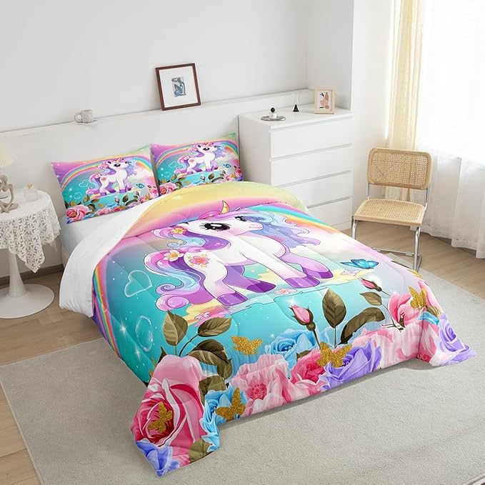 Cartoon Unicorn Kids Comforter Set Full Size,Roses Flowers Butterfly Princess Bedding Set,Girls Women Room Decor,Rainbow Unicorn Cute Down Comforter,Pink Blue Romantic Duvet Insert,2 Pillowcases