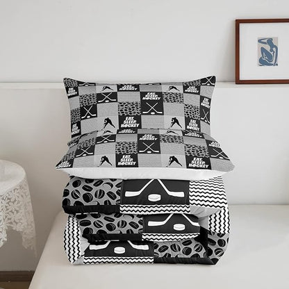 Ice Hockey Comforter Sets For Boys Full Black White Grey Winter Sports Games Down Comforter Kids Teen Room Decor,Hockey Pucks Player Bedding Set Geometric Checkered Stripes Quilt Duvet 2 Pillow Cases
