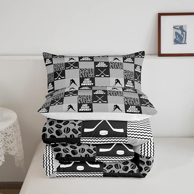 Ice Hockey Comforter Sets For Boys Queen Black White Grey Winter Sports Games Down Comforter Kids Teen Room Decor,Hockey Pucks Player Bedding Set Geometric Checkered Stripes Quilt Duvet 2 Pillow Cases