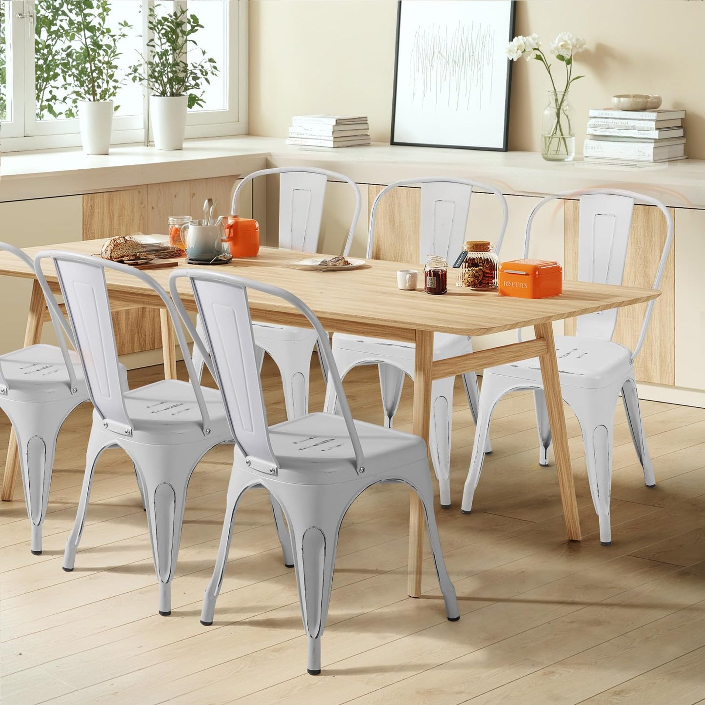 Furmax Metal Dining Chair Indoor Outdoor Use Stackable Chic Side Classic Trattoria Metal Chairs Set of 4 for Kitchen, Dining Room, Bistro and Cafe (Distressed White)