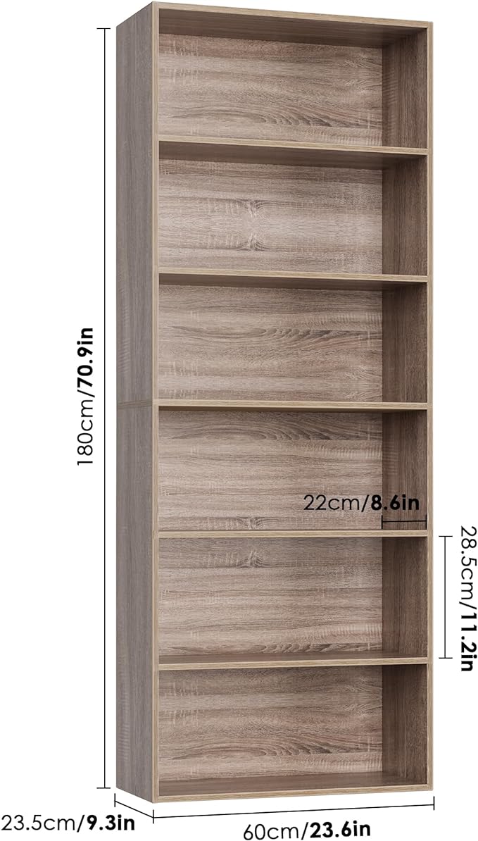 FOTOSOK 6-Tier Open Bookcase and Bookshelf, Freestanding Display Storage Shelves Tall Bookshelf Bookcase for Bedroom, Living Room and Office, Light Oak