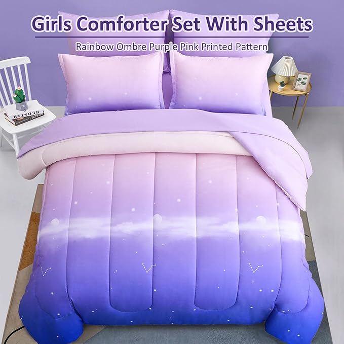 Dinjoy Girls Comforter Set King Size Rainbow Ombre Purple Lavender Pink Bedding Set Gradient 6 Pieces Bed in A Bag for Kids Teen Girl Women(1 Comforter, 1 Flat Sheet, 1 Fitted Sheet)