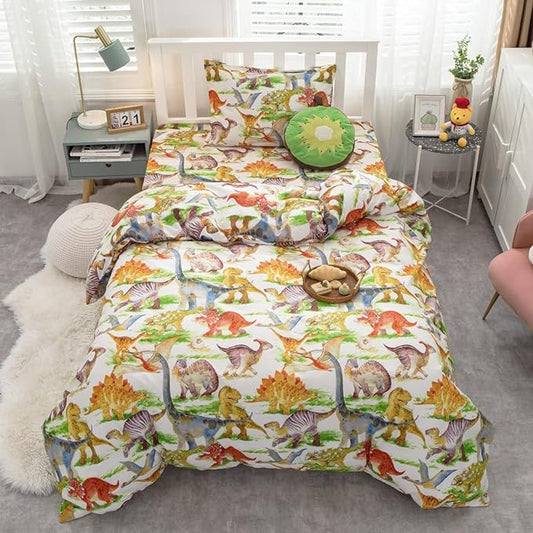 Feelyou Kids Dinosaur Comforter Set King Size Boys Girls Watercolor Cute Dino Bedding Set Ultra Soft Lightweight Jungle Animal Pattern Comforter for Children (1 Comforter + 2 Pillowcases, King)
