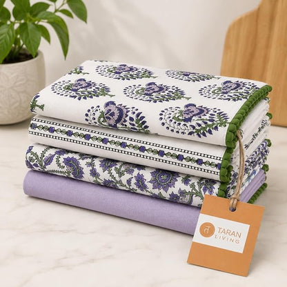 TARAN LIVING Printed Kitchen Dish Bar and Tea Towels Cotton, 18x28 inch with Trims, Cotton Dish Towel Sets (White & Purple, Set of 4)