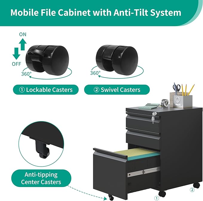 3 Drawers Mobile File Cabinet, Rolling File Cabinet Fully Assembled Under Desk, Metal Filing Cabinet with Lock for Home Office Organizer Letters/Legal/A4 (Black)