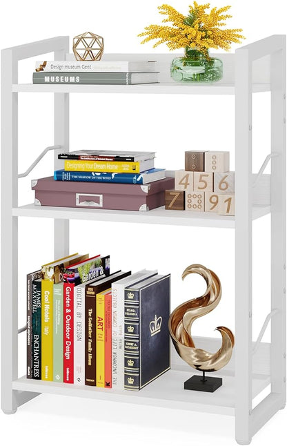 Book Shelf Small Bookshelf - 3-Tier Wood Bookcase Industrial Bookshelf Metal Narrow Bookshelves Storage Organizer Display Rack for Bedroom Living Room Home Office (White)
