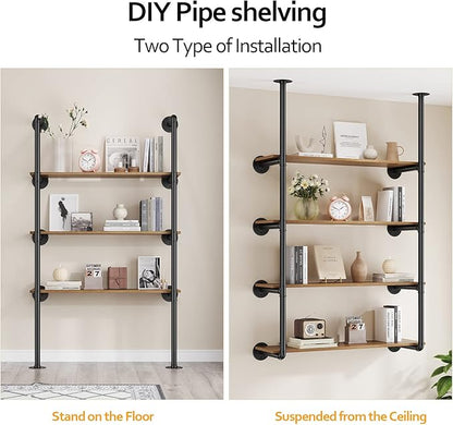 Pynsseu Industrial Iron Pipe Shelf Wall Mount, Farmhouse DIY Open Bookshelf, Pipe Shelves for Kitchen Bathroom, bookcases Living Room Storage, 2Pack of 4 Tier