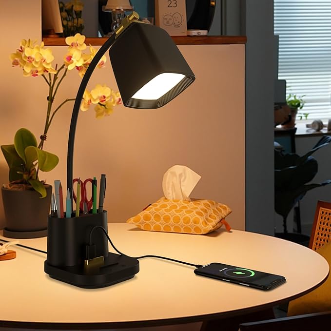 LED Desk Lamp with 2 USB Charging Port, 2 Pen Holders 3 Color Modes Dimmable Reading Light Desk Light, LED Small Desk Lamp Flexible Gooseneck Touch Table Lamp for Bedside Office Home, AC Adapter