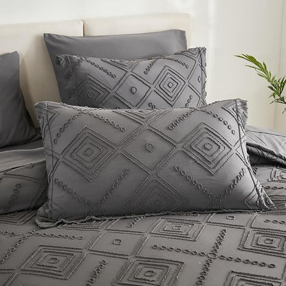 EMME Twin Comforter Set - 5 Pcs Dark Grey Boho Bedding Sets, Twin Size Tufted Comforter with Sheets, Shabby Chic Embroidery Bed Set Fluffy Bed Bag for All Season(68"X90")