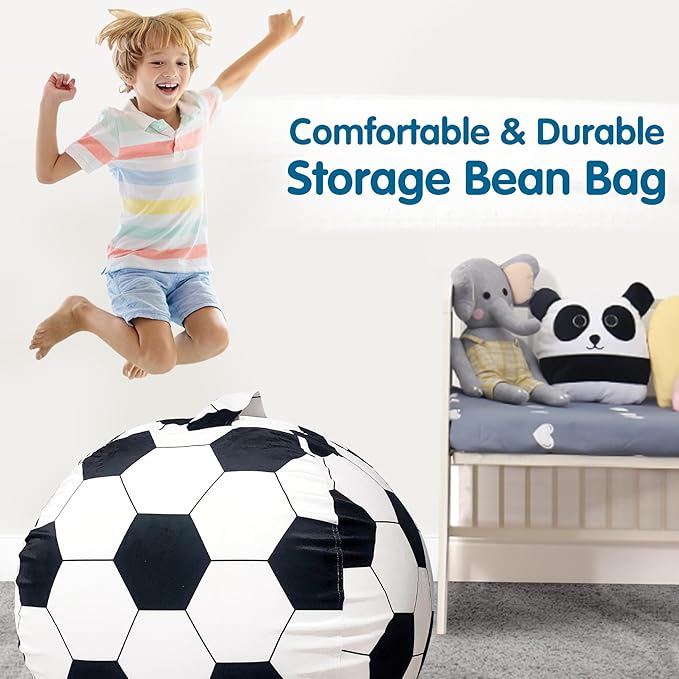 Lukeight Stuffed Animal Storage Bean Bag Chair Cover for Kids, Soccer Zipper Beanbag Chair Cover for Organizing Toddler & Kids' Rooms Plush Toys (Soccer Velvet, Large)