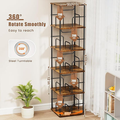 5 Tier Square Rotating Bookshelf, 360 ° Display Stackable Spinning Bookshelf Tower, Space Saving Tall Floor Standing Swivel Bookcase Corner Storage Organizer for Bedroom, Living Room, Rustic Brown
