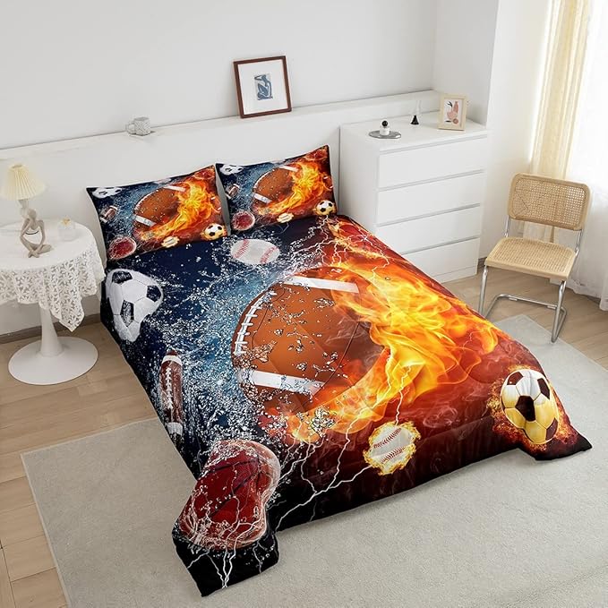 Erosebridal Football Comforter Set Queen Rugby Sports Bedding Set for Teen Boys Kids,Soccer Basketball Baseball Comforter Red Blue Water Fire Lightning Quilt Duvet Insert Bedroom Decor 2 Pillow Cases