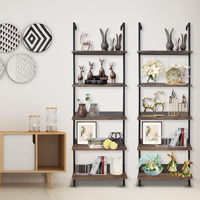 5 Tiers Ladder Shelf 2-Piece Black Modern Tall Bookshelf Open Large Tall Wall Mount Storage Bookcase Standing Leaning Wall Shelves Industrial Decorative