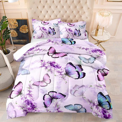 Purple Lavender Butterfly Comforter Set for Girl Kid Adult Colorful Butterfly Pattern Bedding Set Aesthetics Butterflies Quilt Bed Set Twin Size with 1 Comforter and 2 Pillowcases