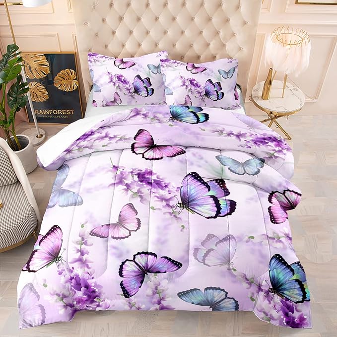 Purple Lavender Butterfly Comforter Set for Girl Kid Adult Colorful Butterfly Pattern Bedding Set Aesthetics Butterflies Quilt Bed Set Full Size with 1 Comforter and 2 Pillowcases
