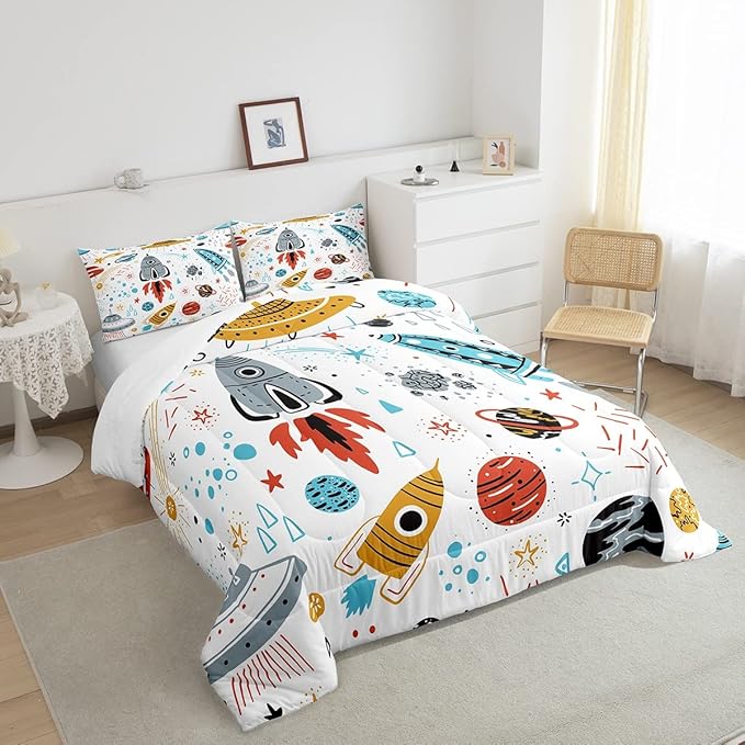 Erosebridal Outer Space Bedding Set King Size Kids Boys Space Ship Rocket Comforter Set Cartoon Universe Stars Planet Down Comforter Cosmos Meteorite Quilt Duvet Set with 2 Pillow Cases