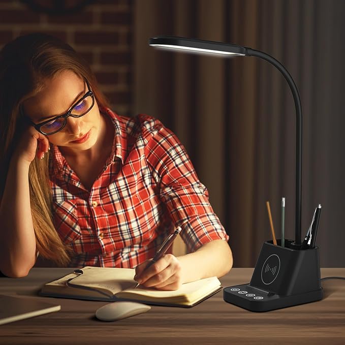 College Dorm Room Essentials Desk Lamp for Girls/Guys/Teens, Small Desk Lights with Wireless Charger, LED Black Reading Lamps for Home Office, Pen Holder, Kids Study Lamp with Storage